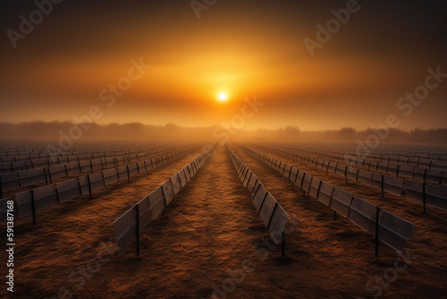 A ghostly sunrise over a solar panel field. Generative AI