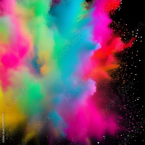 Colorful mixed rainbow powder explosion isolated on black background. Royalty high-quality free stock photo image of Colored powder explosion. brain explosion with multicolored powder. Generative AI © Jangnhut2023