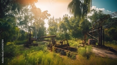 Oil rig in tropical forest. Palm trees and oil pumps. Generative AI