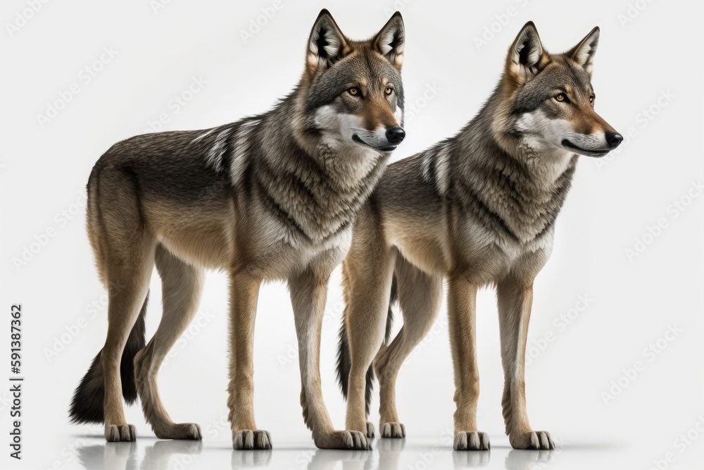 two majestic gray wolves standing side by side in the wild. Generative AI