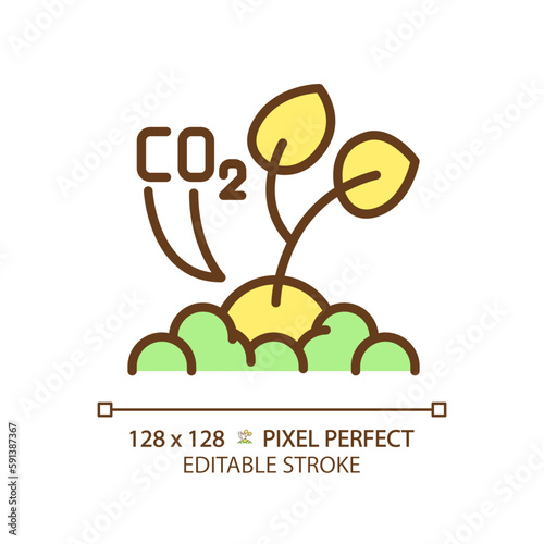 Sequestering carbon green RGB color icon. CO2 storage. Organic farming. Regenerative agriculture. Global warming. Isolated vector illustration. Simple filled line drawing. Editable stroke
