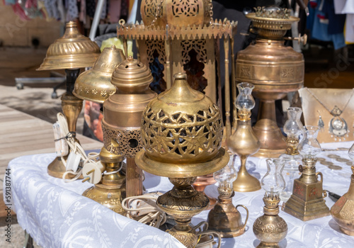 Old copper lanterns on sold at the flea market