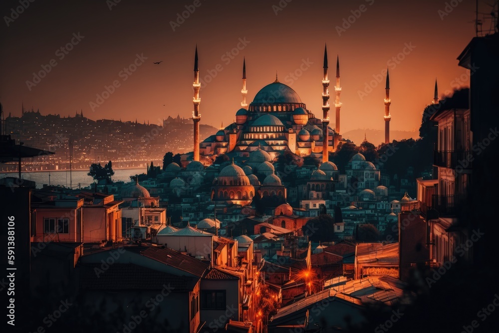 Obraz premium vibrant city skyline at night with glowing lights. Generative AI