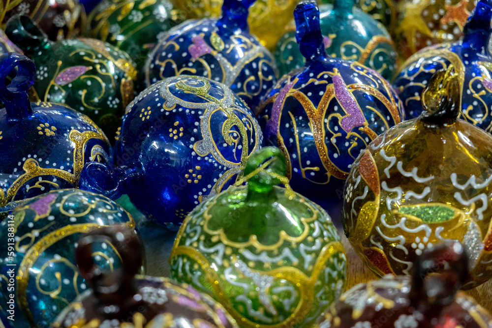 Glass decorated Christmas balls on sold at the flea market