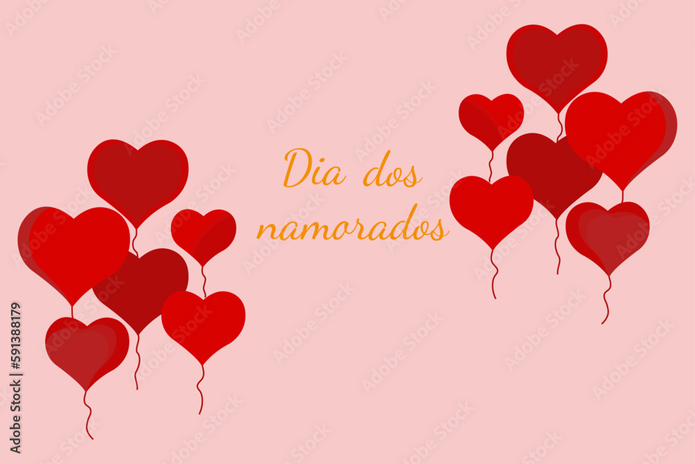 Postcard, congratulations, background with red, burgundy balloons, hearts on the sides and in the middle yellow text, on a pink background. Valentine's Day in Brazil. Vector image, illustration.