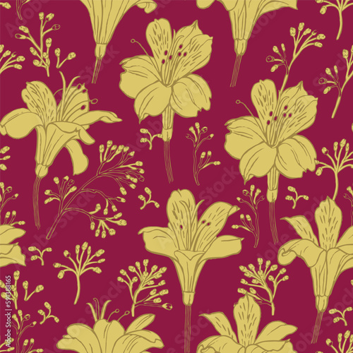 Seamless vector pattern with dark yellow alstroemeria on a burgundy background.
