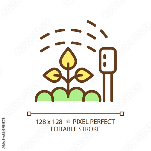 Watering green RGB color icon. Smart irrigation. Sprinkler system. Garden device. Soil moisture. Growing plants. Isolated vector illustration. Simple filled line drawing. Editable stroke