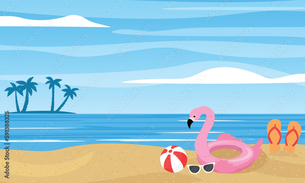 Summer background with beach and silhouette of little island with palm trees. Flamingo lifebuoy, beach ball, sunglasses. Vector illustration.