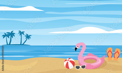 Summer background with beach and silhouette of little island with palm trees. Flamingo lifebuoy, beach ball, sunglasses. Vector illustration. © clelia-clelia
