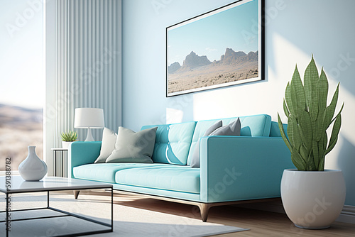 Blue interior living room with copy space, 3D rendering, blue living room, side viwe living room with plants, Generative Ai
 photo