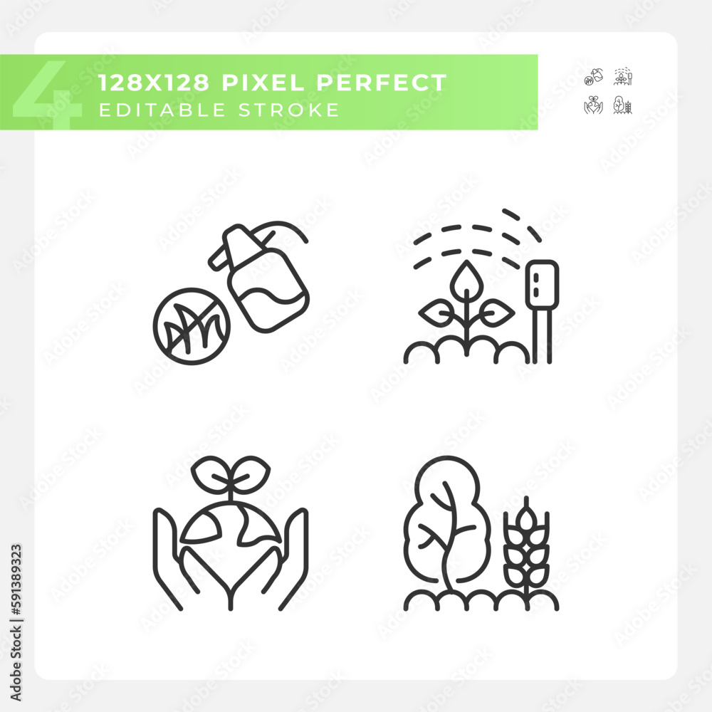 Fototapeta premium Gardening linear icons set. Growing healthy plants. Regenerative agriculture. Farming techniques. Customizable thin line symbols. Isolated vector outline illustrations. Editable stroke