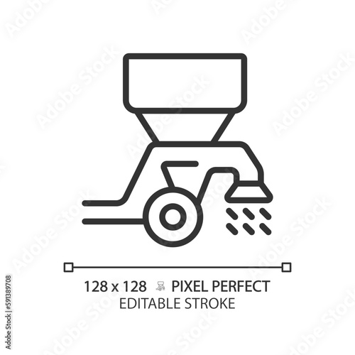 Seed drill linear icon. Modern tractor. Farm equipment. Spreader machine. Broadcast seeder. Planting grain. Thin line illustration. Contour symbol. Vector outline drawing. Editable stroke