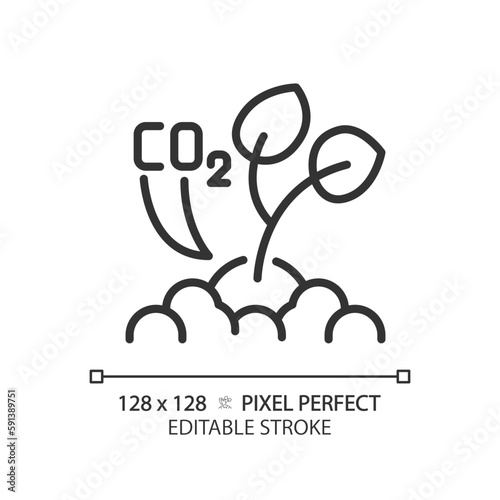 Sequestering carbon linear icon. CO2 storage. Organic farming. Regenerative agriculture. Global warming. Thin line illustration. Contour symbol. Vector outline drawing. Editable stroke