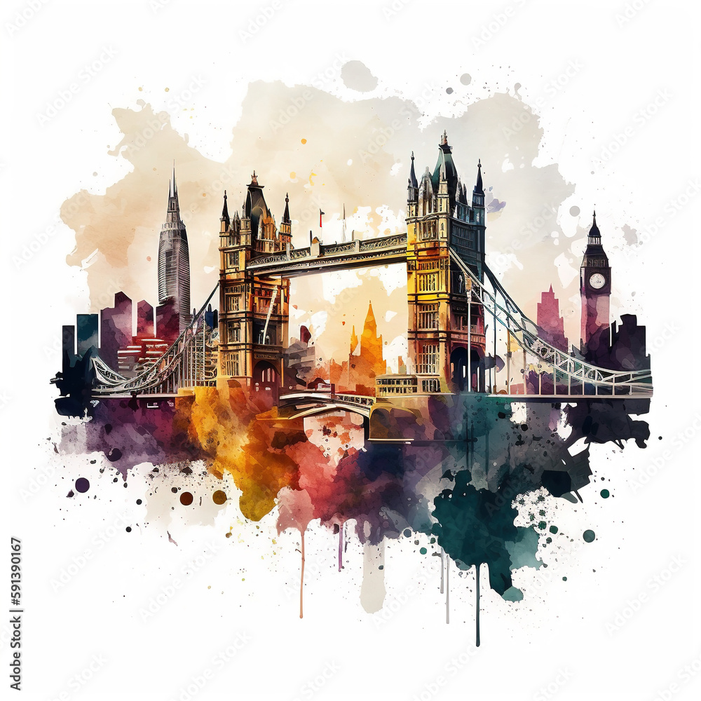 Watercolor hand drawn colorful illustration of London city view. Generative Ai technology.