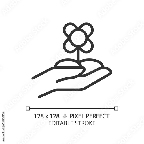 Floriculture linear icon. Flower farming. Ornamental horticulture. Plant cultivation. Floral industry. Thin line illustration. Contour symbol. Vector outline drawing. Editable stroke
