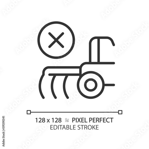 No till farming linear icon. Zero tillage. Cultivation technique. Seeding equipment. Direct drilling. Thin line illustration. Contour symbol. Vector outline drawing. Editable stroke