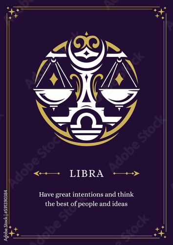 Libra zodiac celestial astrological horoscope vintage poster with description design template vector