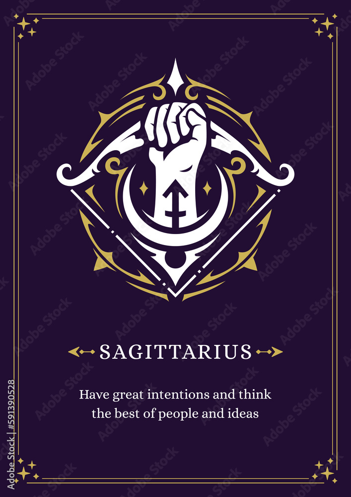 Sagittarius zodiac horoscope symbol mythic purple vintage poster design template description vector