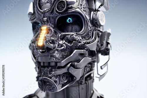 A villain cyborg robot head with face cover ripped off showing internal mechanical parts and mangled metal construction inside. Evil humanoid android killer from alien planet. Closeup, generative ai. 