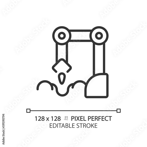 Planting robot linear icon. Seed sowing machine. Agricultural automation. Farm equipment. Artificial intelligence. Thin line illustration. Contour symbol. Vector outline drawing. Editable stroke