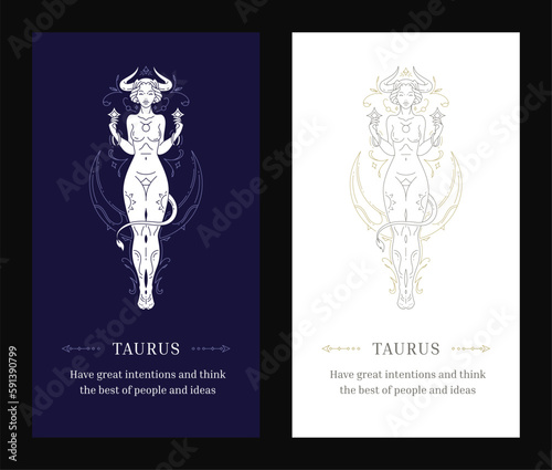 Taurus zodiac woman goddess antique horoscope line art deco poster design template set vector