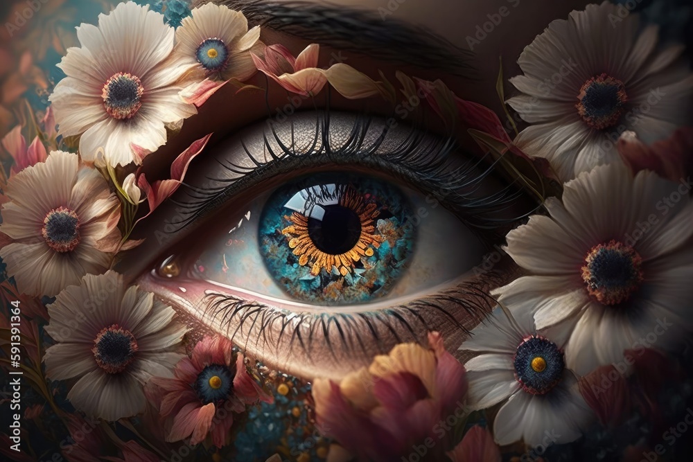human eye surrounded by colorful flowers. Generative AI
