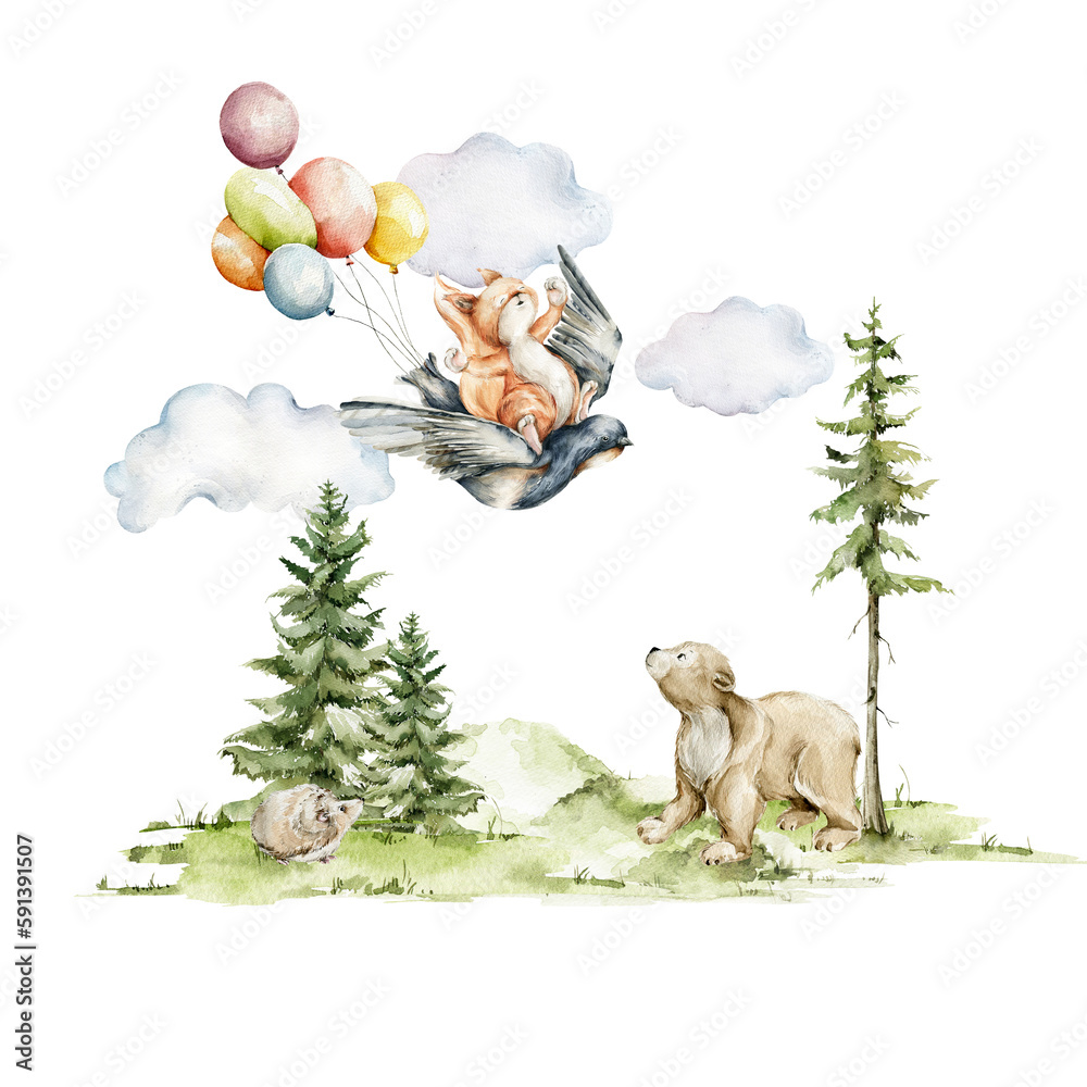 Watercolor nursery woodland set with character. Hand painted cute baby ...