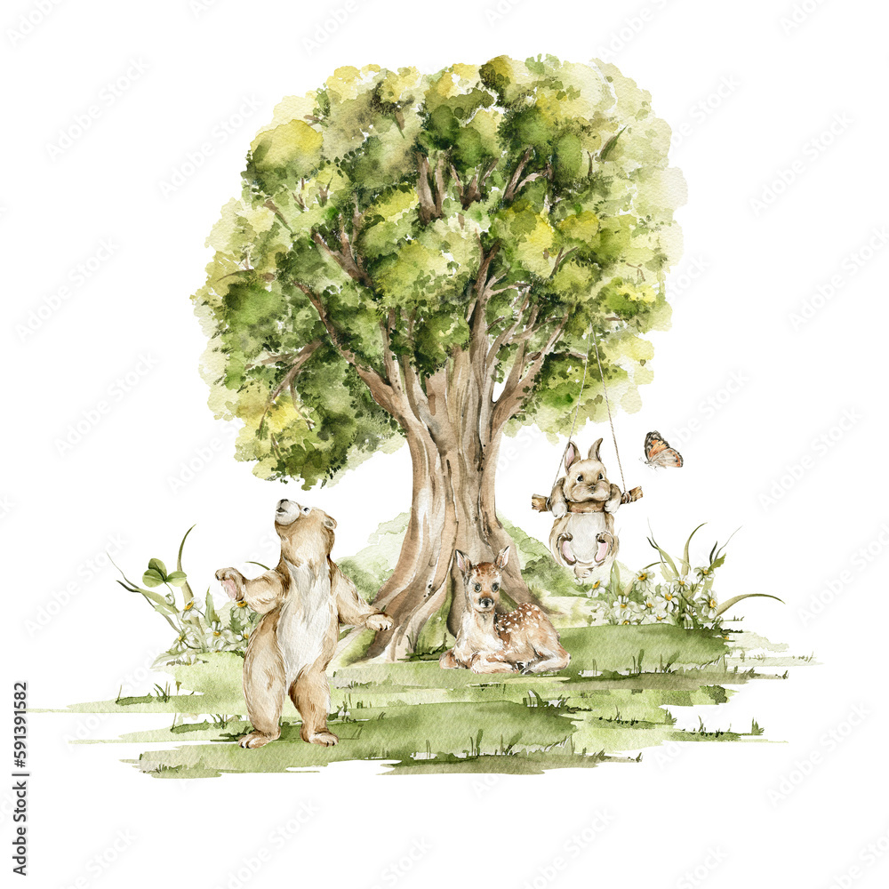 Watercolor nursery woodland set with character. Hand painted cute baby ...