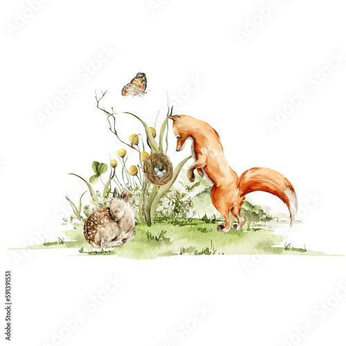 Photography Watercolor nursery woodland set with character