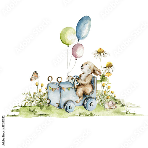Photography Watercolor nursery birthday set with balloons, car