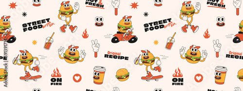 Burger retro cartoon fast food seamless pattern. Comic character, slogan, quotes and other elements for burger bar, cafe, restaurant. Groovy funky trendy vector illustration and background.