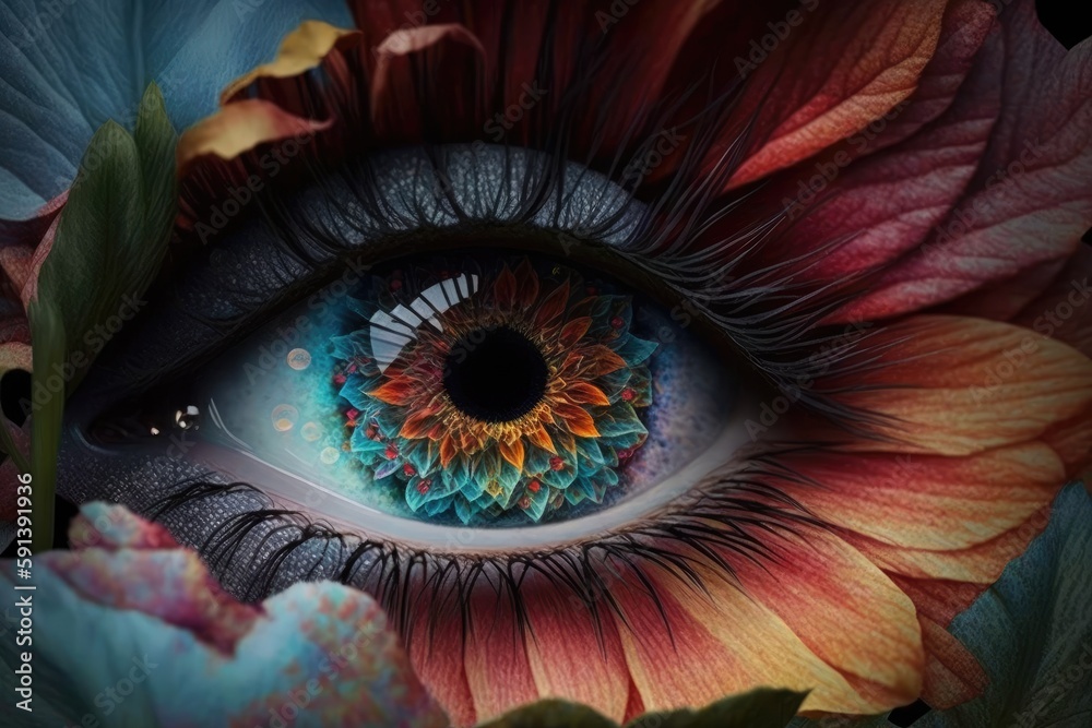 an eye with floral surroundings in close up. Generative AI