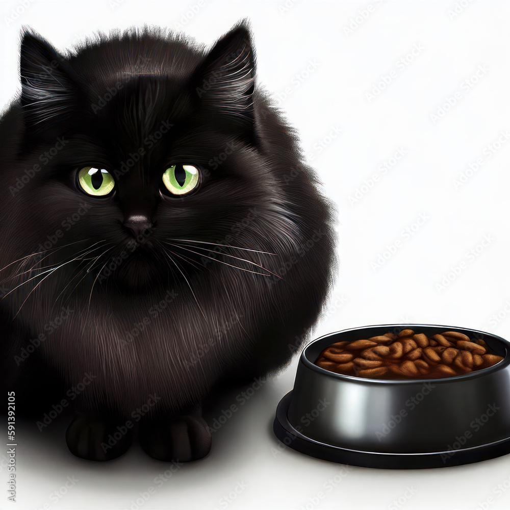 Black fluffy cat with a bowl of food, generative AI