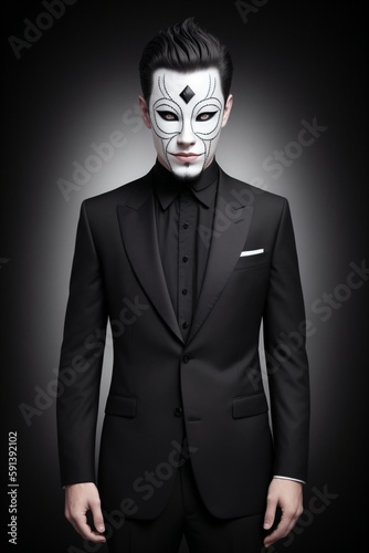 Portrait of a man in a suit with a mask on his face.