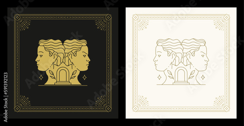 Gemini horoscope zodiac astrology symbol vintage line art deco card design set vector illustration