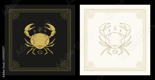 Cancer zodiac astrology horoscope mythology esoteric vintage line art deco card design set vector