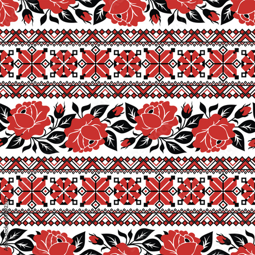 Seamless Pattern with Red Rose Inspired by Ukrainian Traditional Embroidery. Ethnic Floral Motif, Handmade Craft Art. Ethnic Design Element. Horizontal Oriented Stripes. Vector Illustration