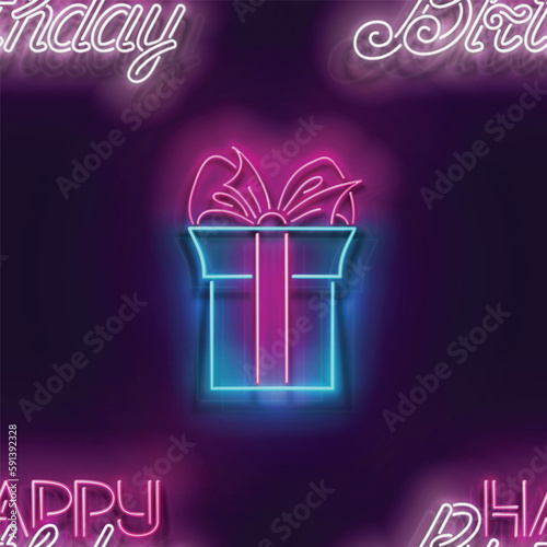 Seamless pattern with glow Gift Box with Beautiful Bow and Inscription. Happy Birthday and Holiday Party Mood. Neon Light Texture, Signboard. Glossy Background. Vector 3d Illustration