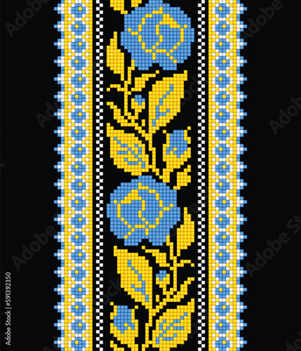 Realistic Cross-Stitch Embroideried Seamless Border with Roses. Ethnic Floral Motif, Handmade Stylization. Traditional Ukrainian Yellow and Blue Embroidery. Ethnic Design. Vector 3d Illustration