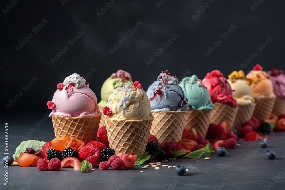  a row of ice cream cones filled with different flavors of ice cream and berries on top of each other on a dark surface with smoke coming out of the top of the cones.  generative ai