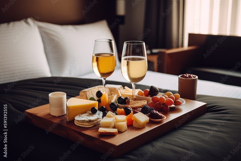  a tray of cheese, crackers, and wine on a bed with a glass of wine and a tray of cheese and crackers.  generative ai