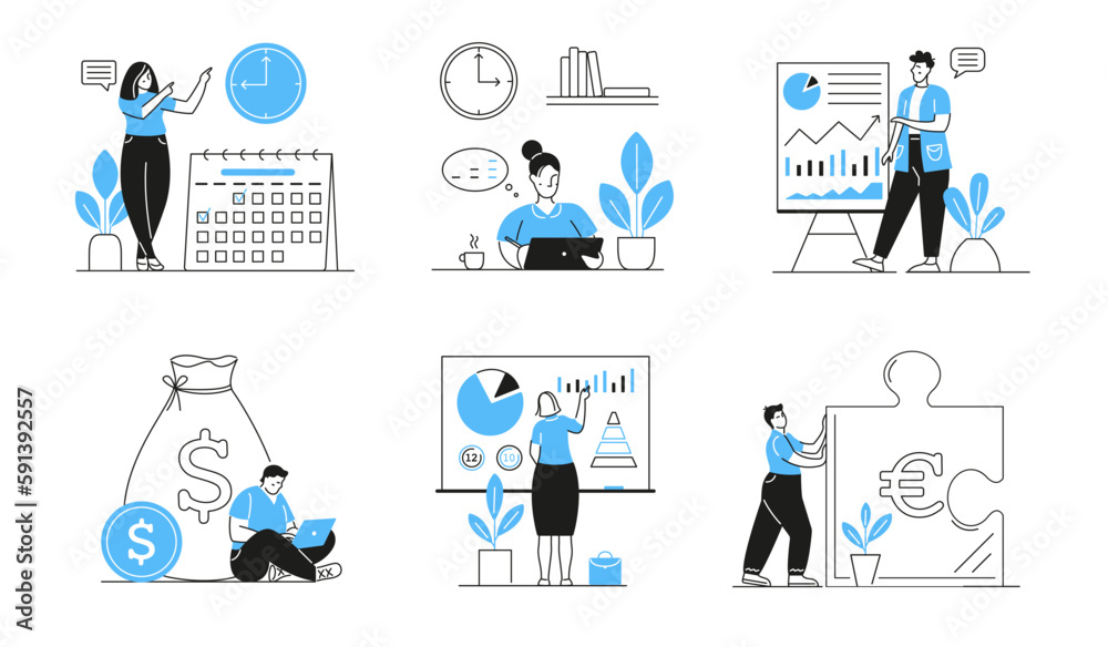 Illustrations of people in business. Collection of business event scenes and charts