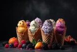  a group of ice cream cones filled with different flavors of ice cream and fruit on a black background with smoke coming out of the top.  generative ai