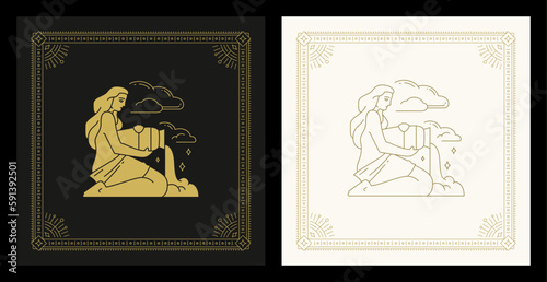 Aquarius zodiac symbol antique woman with water jug line art deco vintage card set vector
