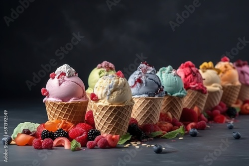  a row of ice cream cones filled with different flavors of ice cream and berries on top of each other on a dark surface with smoke coming out of the top of the cones. generative ai