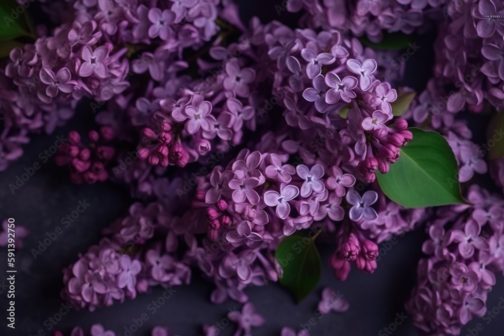  a bunch of purple flowers with green leaves on a black surface with a dark background with a few more purple flowers in the middle of the picture.  generative ai