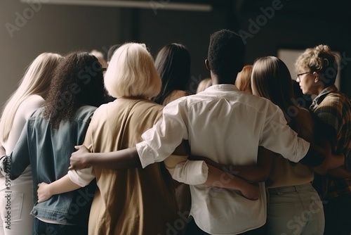  a group of people standing together in a circle with their arms around each other and their backs to the camera, with one woman's back to the camera. generative ai