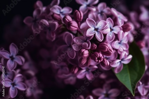  a close up of a bunch of purple flowers with green leaves on a black background with a black background with a white border and a green leaf. generative ai