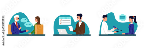Set of different cartoon characters of HR managers and job seekers. Process of selecting resumes and talking with candidates. Human resource management. Vector