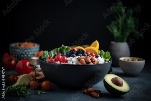  a bowl filled with fruit and vegetables next to a bowl of nuts and avocado on a black tablecloth with other fruits and vegetables. generative ai